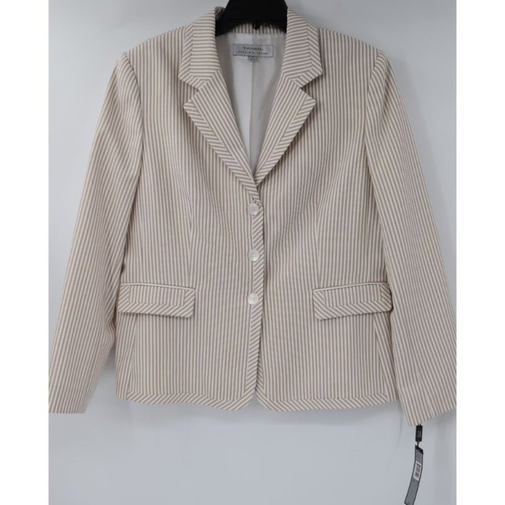 NWT Tahari blazer women's 16 seersucker white khaki striped summer spring notch